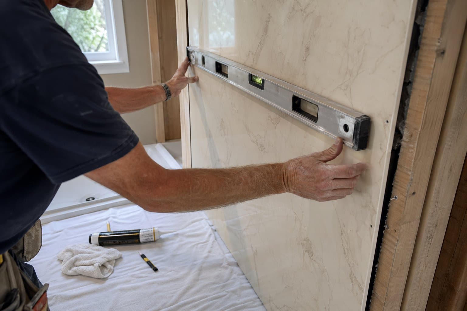 A craftsman aligning a one-piece marble-look composite shower wall panel against the wall framing with a chrome bubble level resting flat against it, showing a perfectly centered bubble.