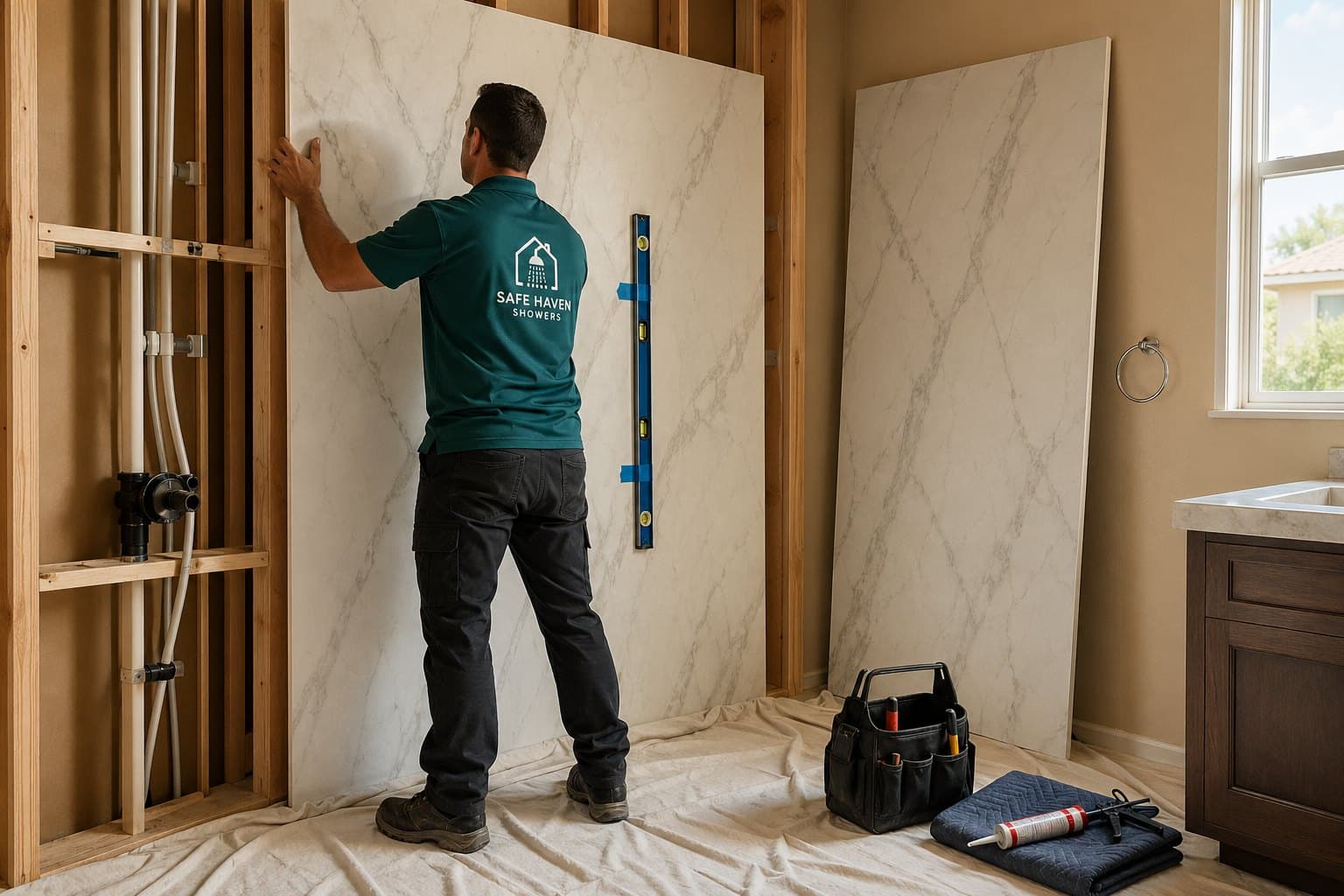 A Safe Haven Showers installer in a teal company polo carefully positioning a one-piece Calacatta-style marble-look composite shower wall panel against a freshly framed stud wall, a chrome bubble level taped vertically to the panel, the bathroom floor fully covered in clean canvas drop cloths and a second panel ready nearby.